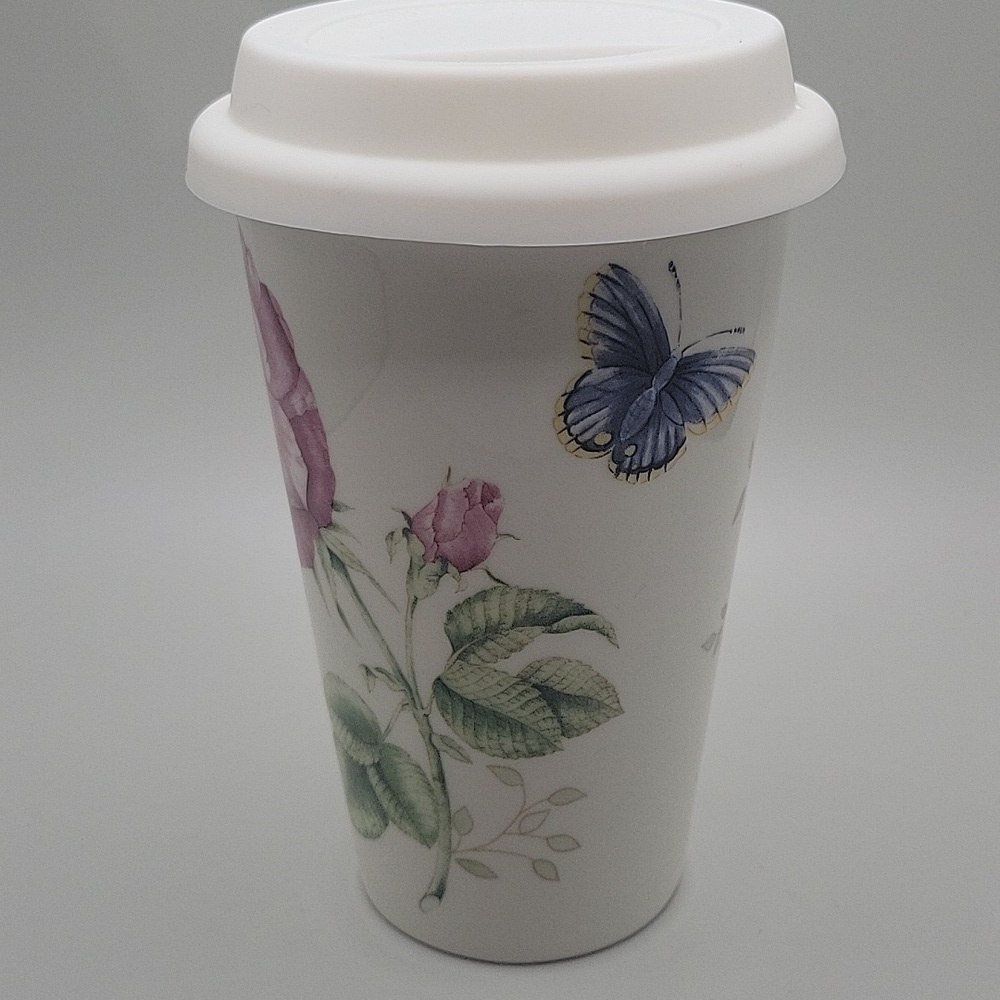 10 oz. LENOX butterfly meadow porcelain glass thermal travel mug silicone lid